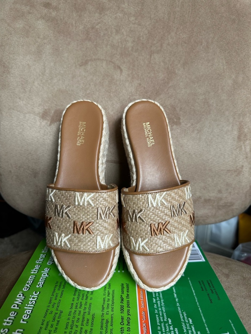 MICHAEL Michael Kors Sadler Wedge Brown Woven MK Slide Sandals New without Box